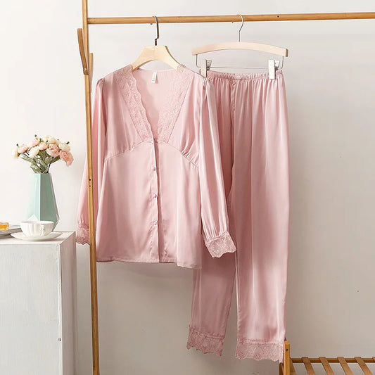 2PCS Pajamas Set Casual Satin Silk Women Loungewear