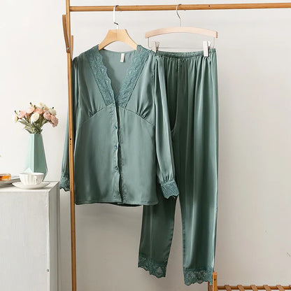 2PCS Pajamas Set Casual Satin Silk Women Loungewear